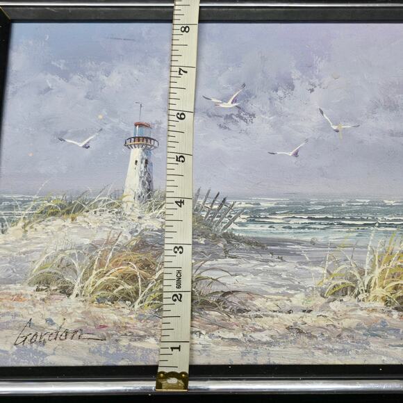 Original Oil Painting Beach Lighthouse Signed Gordon 8' x 10' Wooden Art - Picture 10 of 12